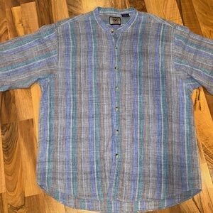 Halifax outfitters men’s blue button down short sleeve‎ collarless XL 100%cotton
